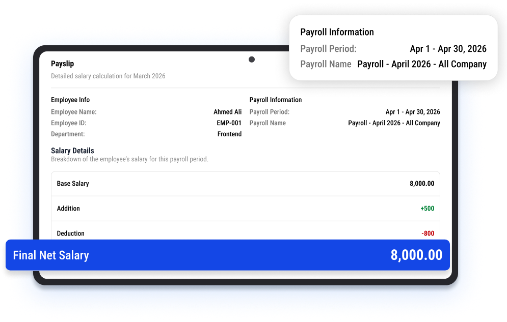 Payslip breakdown with base salary, additions, deductions, and final net salary