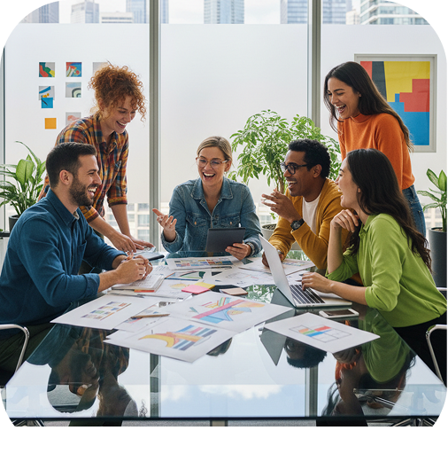 Team collaborating around a table